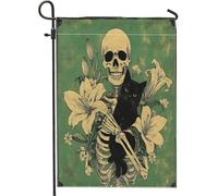Scheletro di Halloween con bandiere da giardino con gatto, 30,5 x 45,7 cm, double face, per decorazione esterna, divertente bandiera in tela retrò vintage con teschio, bandiera estetica gotica per