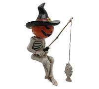 Scheletro di pesca, arredamento del cranio in resina da 4, 5 pollici con canna da pesca, figura di scheletro, decorazioni di Halloween divertenti uniche con testa di zucca per giardino da giardino per
