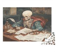 Scheletro di poeta su un vecchio tavolo di legno|Feather vintage| Puzzle Divertenti Per Tutta La Famiglia 1000pcs (75x50cm) Adulti