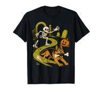 Scheletro Divertente Che insegue Il Cane di Halloween del Pastore Tedesco Maglietta