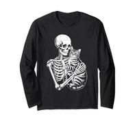 Scheletro Divertente con Scritta Loves Cat Fino alla Morte Maglia a Manica