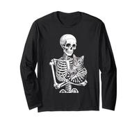 Scheletro Divertente con Scritta Loves Cat Fino alla Morte Maglia a Manica