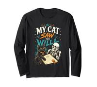 Scheletro Divertente My Cat Saw The Will Spooky Kitty Lover Maglia a Manica