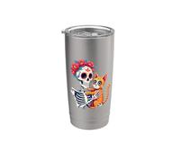 Scheletro floreale che abbraccia gatto Sugar Skull Día los Muertos Cat Bicchiere termico in acciaio inox doppia parete