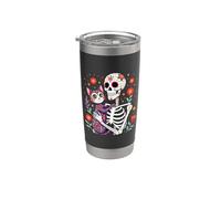 Scheletro floreale che abbraccia gatto zucchero teschio Día de los Muertos Bicchiere termico in acciaio inox doppia parete