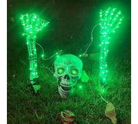 Scheletro illuminato per la decorazione all'aperto di Halloween, teschio illuminato a LED e set di pali da giardino con 2 braccia, decorazioni realistiche per il giardino del cimitero di Halloween