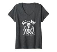 Scheletro Men Bad to The Bone Rock Skull Graphic Maglietta con Collo a V, Donna, Grigio Scuro, S