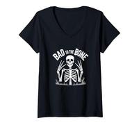 Scheletro Men Bad to The Bone Rock Skull Graphic Maglietta con Collo a V, Donna, Nero, L