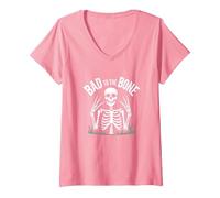 Scheletro Men Bad to The Bone Rock Skull Graphic Maglietta con Collo a V, Donna, Rosa, L