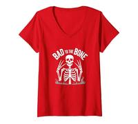 Scheletro Men Bad to The Bone Rock Skull Graphic Maglietta con Collo a V, Donna, Rosso, S