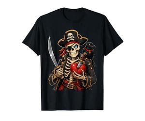 Scheletro Pirata Cuore e Pugnale Corvo Halloween Pirata Arte Maglietta