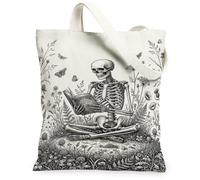 Scheletro Reading Botanical Art Ink Sketch Canvas Tote Bag 33 x 38 cm | Illustrazione botanica, farfalle, stile gotico accademico, tema macabro fantasioso, arte introspettiva
