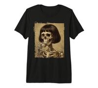 Scheletro Sipping Tea Bob Haircut Spooky Skull Maglietta Premium