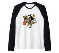 Scheletro Strega cavalcando Una Mummia T-Rex Halloween Dolcetto o Scherzetto Maglia con Maniche Raglan
