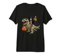 Scheletro Strega cavalcando Una Mummia T-Rex Halloween Dolcetto o Scherzetto Maglietta Premium
