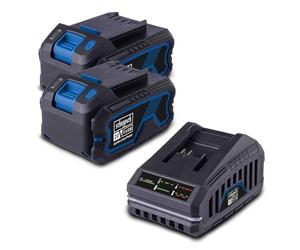 Scheppach Kit di avviamento da 20 V, composto da 2 batterie da 4 Ah e caricatore da 2,4 A (65 W), serie IXES 20 V, batteria agli ioni di litio, tempo di ricarica 2 Ah / 4 Ah: 60/120 min, indicatore