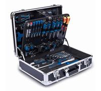 Scheppach TB200 - Cassetta degli attrezzi in alluminio riempita, 141 pezzi, con chiave inglese, martello, pinza, cacciavite, cassetta degli attrezzi per officina e casa