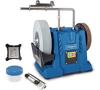 Scheppach TIGER 7000S - Affilatrice ad acqua, motore a induzione 200 W, pietra per affilare in corindone superiore, 250x50 mm, grana: 220, dispositivo universale incluso, pasta abrasiva, dima angolare
