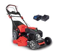 Scheppach Tosaerba ibrido MS225-56E - tosaerba a benzina - motore a benzina 4 tempi da 6 CV / 4,4 KW - 224 cm³ - Larghezza di taglio 56 cm - Avviamento elettrico - 2 batterie + caricabatterie inclusi