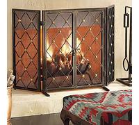 Schermata del camino in metallo a 3 pannelli, bronzo con porta, gate protettore sicuro a prova di bambino con rete metallica, schermo di fuoco pieghevole extra largo per bruciatore in legno di legno