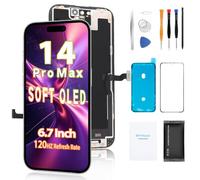 Schermo di ricambio per iPhone 14 Pro Max da 6,7" (Soft OLED, non LCD), kit di riparazione completo per display touch 3D, vetro digitalizzatore con set di attrezzi, vetro temperato, istruzioni (lingua