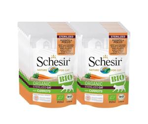 Schesir BIO, Alimento Umido Completo per Gatti, Patè di Manzo e Pollo con Carote, Senza Cereali, in Busta, Gluten Free, 16 x 85 g