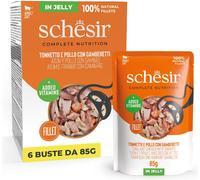Schesir, Tonnetto e Pollo con Gamberetti in Gelatina, Alimento Umido Completo per Gatti, in Busta, Ingredienti 100% Naturali, Cruelty Free, 6 x 85g