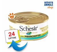 Schesir Cat Tonnetto con Prosciutto in Brodo di Pesce - Lattina da 70 Gr - CONFEZIONE RISPARMIO