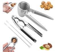 Schiaccianoci Set di 4 Pezzi, Schiaccianoci Acciaio Inox con 2 Forchetta in Noce, Pinze per Noci con Manico Antiscivolo Adatto per Sbucciare Noci, Nocciole, Aragoste, Granchi, Ecc