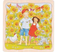 goki 57324 puzzle a strati, campo di girasole, 3 strati con motivi delle fasi di semina su un campo, favorisce le capacità motorie e la capacità di risolvere i problemi dei bambini, 20 cm x 20 cm, set