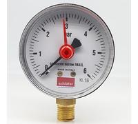 Schläfer 0930164 | Manometro Idraulico Verticale con Attacco Radiale 1/4" BSP, Scala 0-6 Bar, Diametro da 63mm, Ideale per Impianti Termici Aria e Acqua, Indicatore di Pressione