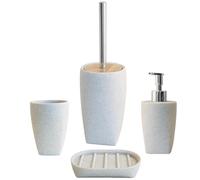 Schläfer 285350 | Set Bagno Completo serie Sable, Dispenser Portasapone Liquido, Portasaponetta, Bicchiere Portaspazzolino, Portascopino, Accessori Bagno in Resina Colore Sabbia Effetto Pietra -4 Pz