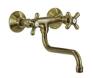 Schläfer 3460117 | Rubinetto Cucina Gruppo Lavello a Muro manopola antica, Lavatoio Lavanderia e Lavabo Bagno da Parete, Canna Girevole Universale a "S" 200mm, Bronzo, Ottone Antico