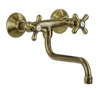 Schläfer 3460117 | Rubinetto Cucina Gruppo Lavello a Muro manopola antica, Lavatoio Lavanderia e Lavabo Bagno da Parete, Canna Girevole Universale a "S" 200mm, Bronzo, Ottone Antico