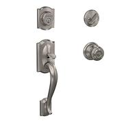 Schlage F60 V Cam 619 Geo Camelot Handle set with Georgian knob interior, satin nickel