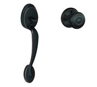 SCHLAGE FE285PLY716GEO Aged Bronze Handle Only Plymouth Keyed Entry Handleset with a Georgian Interior Knob from The Plymouth Co