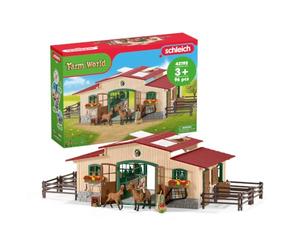 SCHLEICH FARM WORLD - 42195, Set da gioco da 96 pezzi per stalla di cavalli, set da gioco dettagliato e coinvolgente con 2 giocattoli per cavalli, statuetta del cavaliere e accessori della fattoria,