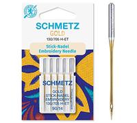 Schmetz - Aghi per macchina da cucire Schmetz (89 tipi, dimensioni a scelta), Single Packet, Gold Embroidery 90/14 + Threader