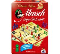 Schmidt Spiele 49439 Mensch ärgere Dich Nicht in The Metalldose, Classic Line, con Personaggi Extra Grandi in Legno, Colore: Rosso, Normale