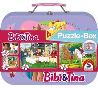 Schmidt Spiele 55609 Bibi e Tina, valigetta di metallo, 2 x 100 e 2 x 150 pezzi, puzzle per bambini, Multicolore