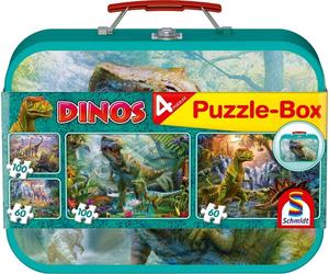 Schmidt Spiele Dinos, Puzzle-Box in Scatola di Metallo, 2 x 100, 2 x 60 Pezzi - 1 pz.