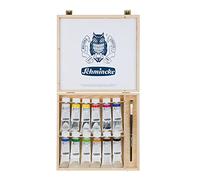 Schmincke - AKADEMIE® Acrylics, 12 tubi da 60 ml, 76 014 097, 12 tonalità brillanti e altamente resistenti alla luce in scatola di legno, 1 pennello daVinci, acrilici per artisti fini, senza cadmio, ideali per la miscelazione