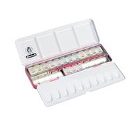 Schmincke HORADAM AQUARELL 74663097 - Scatola in metallo laccata rosa con 15 mezze ciotole, 12 colori standard + 3 tonalità rosa, con pennello ad acquerello