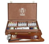 Schmincke - MUSSINI® colori ad olio e resina sopraffini. Confezione premium in legno, set da 15 x 35 ml, 70 615 097, accessori: bianco 150 ml, trementina, tappo per tavolozza, 3 pennelli daVinci