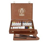 Schmincke - MUSSINI® colori ad olio e resina sopraffini, confezione premium in legno tinto noce, pittura ad olio, set da 10 x 35 ml, 70 213 097, accessori: bianco 150 ml, carboncino da disegno, 2 pennelli daVinci, ecc