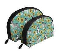 Schnauzer Girasoli Primavera Estate Floreale Cane Di Razza Cane, Borsa per trucco a conchiglia Portamonete da donna Borsa da toilette piccola Borsa per cosmetici 2 pezzi