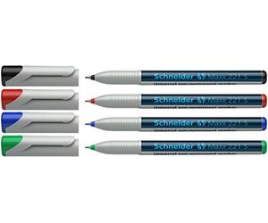 Schneider 221 S - Pennarello universale non indelebile, lavabile, 0,4 mm, confezione da 4, colori: nero, rosso, blu e verde