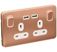 Schneider Electric Lisse Deco senza viti - Presa di alimentazione doppia con porte di ricarica USB, polo singolo, 13A, GGBL30202USBAWLCS, rame chiaro con inserto bianco