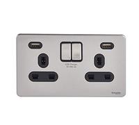 Schneider Electric Ultimate - Piastra piatta senza viti, doppia presa di corrente, con porte di ricarica USB, 13A, GGBGU3424DBSS, in acciaio INOX con inserto nero