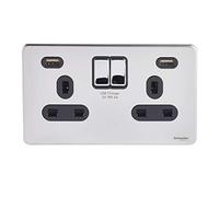 Schneider Electric Ultimate - Piastra piatta senza viti, doppia presa di corrente, con porte di ricarica USB, 13A, GGBGU3424DBPC, cromata lucida con inserto nero